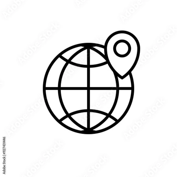 Obraz Globe web icon and location pin. Planet earth icon set with pointer pin. Globe and location icon, outline style