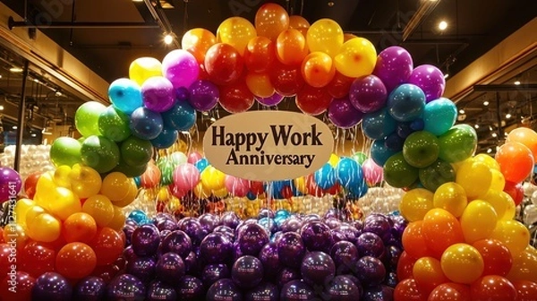 Fototapeta A grand display of rainbow-colored balloons arranged to celebrate a work anniversary, with a large "Happy Work Anniversary" balloon at the center.