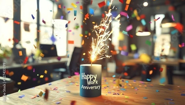 Fototapeta A party popper going off in an office, releasing confetti and celebratory streamers, with a "Happy Work Anniversary" message in focus