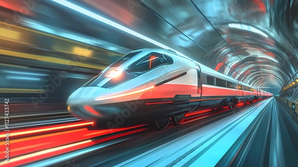 Fototapeta Blurred motion of a train racing through a brightly lit tunnel in a futuristic urban setting illustrating speed and momentum. Momentum. Illustration