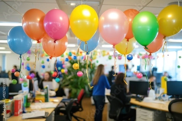 Fototapeta Balloons and festive decorations fill a lively office space as colleagues gather to celebrate a work anniversary, creating a warm and joyful environment.
