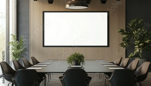 Fototapeta Blank white screen mockup positioned in a sophisticated conference room for a professional presentation