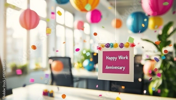Fototapeta Colorful paper lanterns and confetti floating over an office desk, where a "Happy Work Anniversary" card is prominently displayed