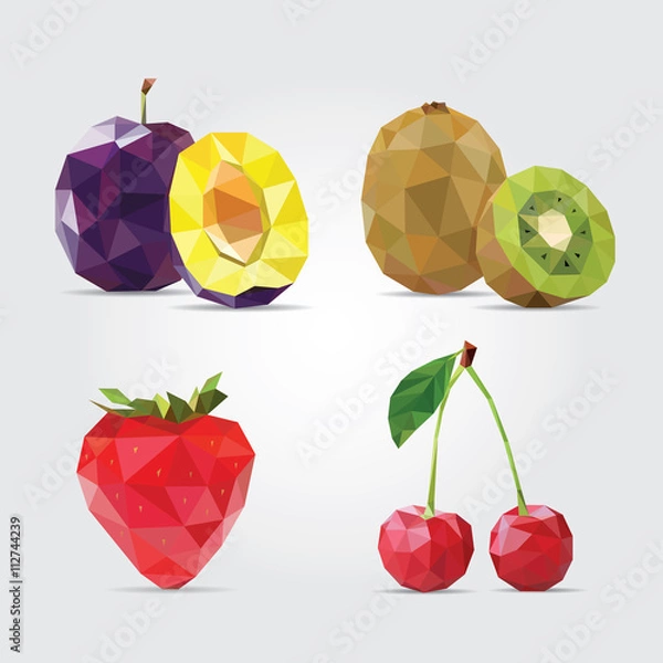 Fototapeta Polygonal Fruits. Fruits Set. Plum, Kiwi, Strawberry and Cherry in Vector