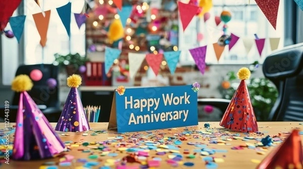 Fototapeta Office desk decorated with party hats, a "Happy Work Anniversary" banner, and confetti scattered across the surface