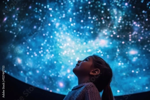 Fototapeta A child is enthralled by the sight of a star-filled planetarium ceiling.