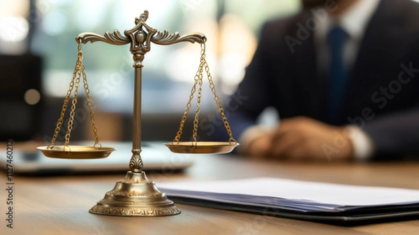 Fototapeta Scales of justice symbolizing legal fairness, equality, and the pursuit of justice, placed on a lawyer's desk