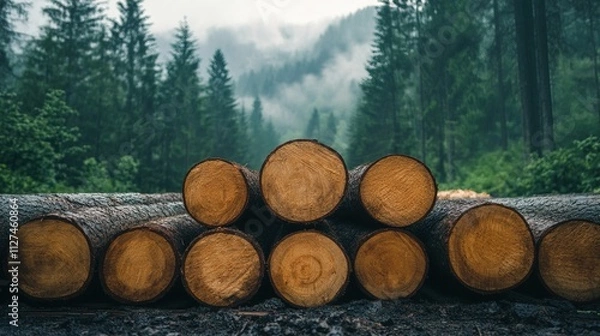 Fototapeta Sawn spruce trunks stacked neatly a glimpse into the logging timber wood industry