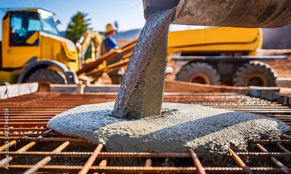 Obraz Genera close-up cement pouring, construction site close-up cement pouring momentted Image