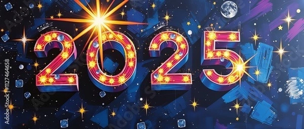Obraz Napis 3 D 2025 ma granatowym tle - ilustracja farbami, baner panaromiczny