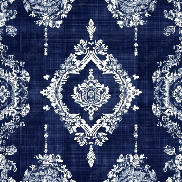 Obraz Seamless dark blue and white ethnic silk pattern with intricate motifs, designed as a luxurious background for fabric and decorate