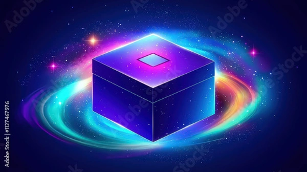 Fototapeta vibrant mystery box floats in cosmic swirl of colors and stars, evoking curiosity and wonder