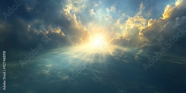 Fototapeta A beam of divine light symbolizing grace and truth illuminating a serene world