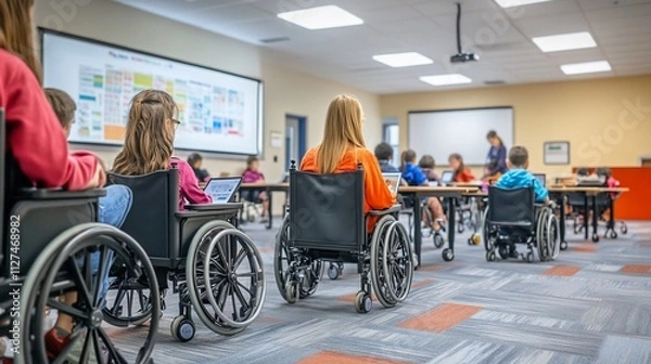 Fototapeta Inclusive classroom with students in wheelchairs using laptops and teacher instructing.