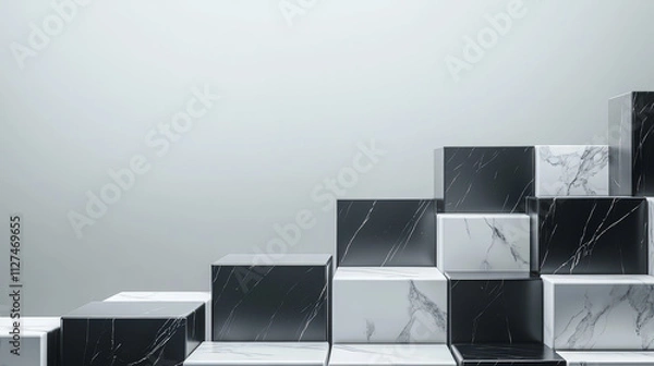 Fototapeta Minimalist geometric podium with black and white marble blocks arranged artistically. Perfect for showcasing products or presentations