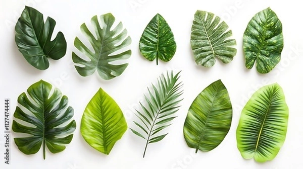 Fototapeta Collection of various green tropical leaves arranged on white background.