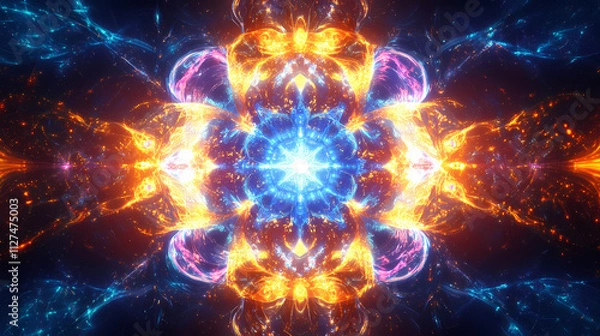 Fototapeta Abstract colorful glowing blue and yellow fractal shapes. fantasy light background. festive wallpaper. digital fractal art. 3d rendering. Fractal. Illustration