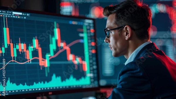 Fototapeta Serious business man trader analyst looking at computer monitor, investor broker analyzing indexes, financial chart trading online investment data on cryptocurrency stock market graph on pc screen
