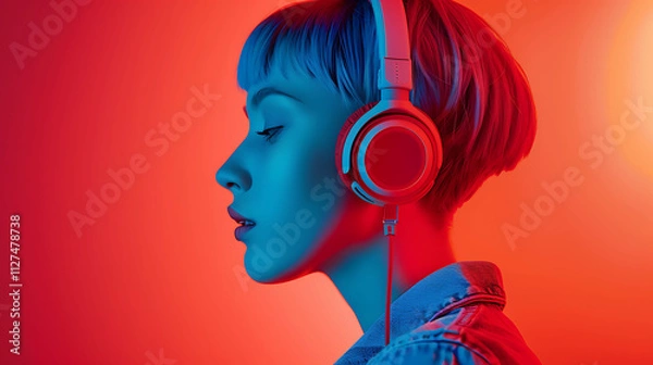 Obraz Woman with headphones under colorful lighting