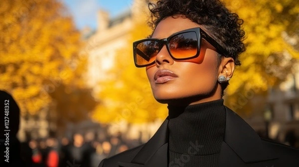 Fototapeta A woman wearing sunglasses and a black jacket stands in front of a building. The scene is set in a city with a lot of people around her