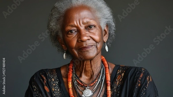 Fototapeta A woman with a black dress and a necklace with beads on it. She is smiling. The necklace is made of beads and is hanging around her neck