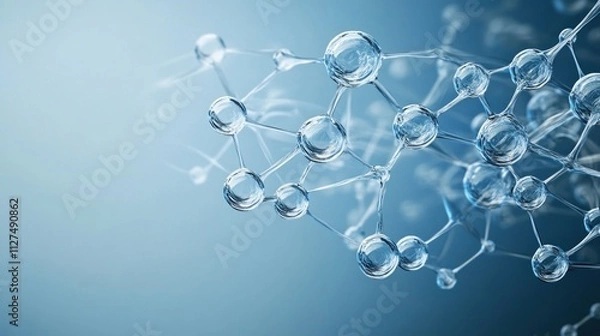 Fototapeta Abstract representation of transparent hydrogen molecules connected in a dynamic arrangement on a blue background