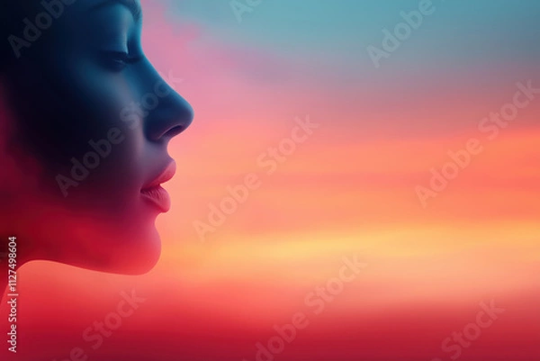 Fototapeta Woman's profile against a vibrant sunset with colors blending in the background