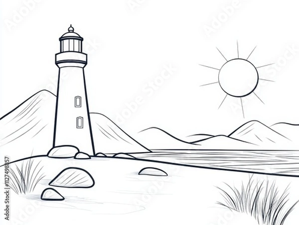Fototapeta Tranquil Lighthouse Scene with Mountains and Sunlight in Outline Style