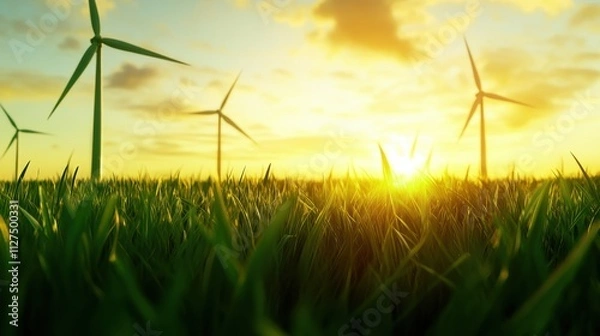 Fototapeta Wind turbines stand tall amidst a field of lush green grass, with the sun setting behind them, casting a warm glow