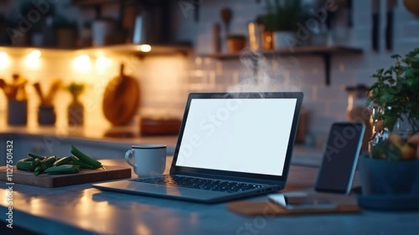 Fototapeta A laptop is open on a kitchen counter with a bowl of food and a cup of coffee nearby. The laptop screen is blank, and the table is cluttered with various items, including a cell phone and a tablet