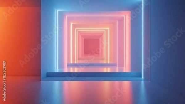 Fototapeta A minimalistic digital illustration featuring a glowing tunnel with vibrant pink and blue lights reflecting on a smooth surface