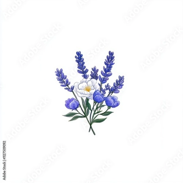 Fototapeta A lively combination of peonies and lavender, displaying pink and purple hues on a white backdrop, ideal for floral-themed designs or decorations.