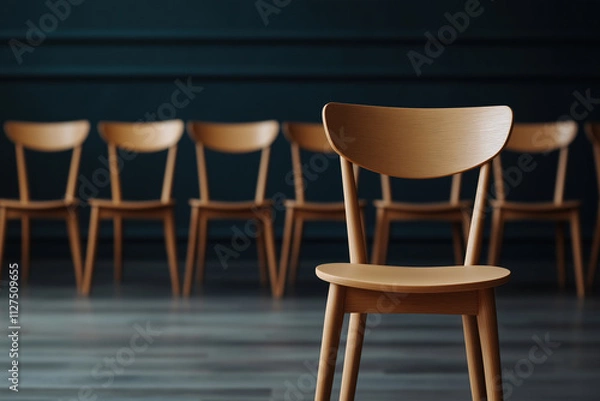 Fototapeta Elegant wooden chairs arranged in a minimalist setting for a modern event