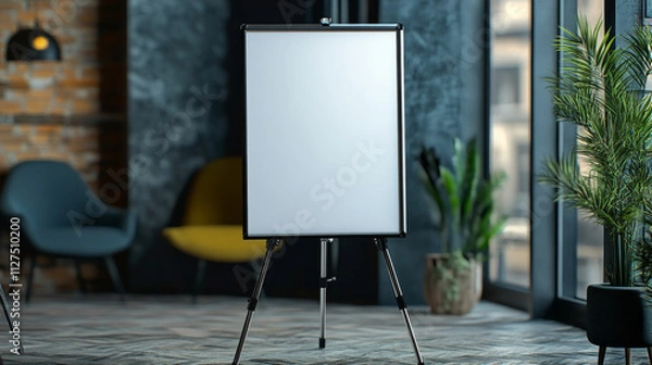 Fototapeta Black metallic tripod with whiteboard for presentation. Realistic 3d vector mockup of blank flipchart on metal stand for business and education seminar. template of empty portable projector screen.
