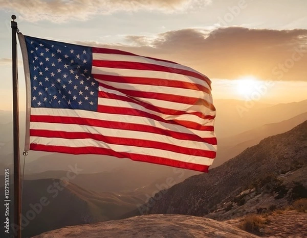 Obraz Professional photograph of an American proud flag on the sunset on the top of the Rocky Mountains waving in the wind 