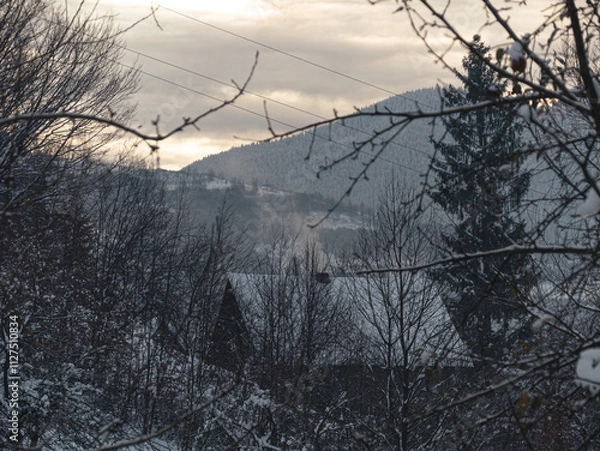 Fototapeta Smoke from the house's chimney. Winter in a village in the Transcarpathia region. Scenic snowy Carpathian mountains view