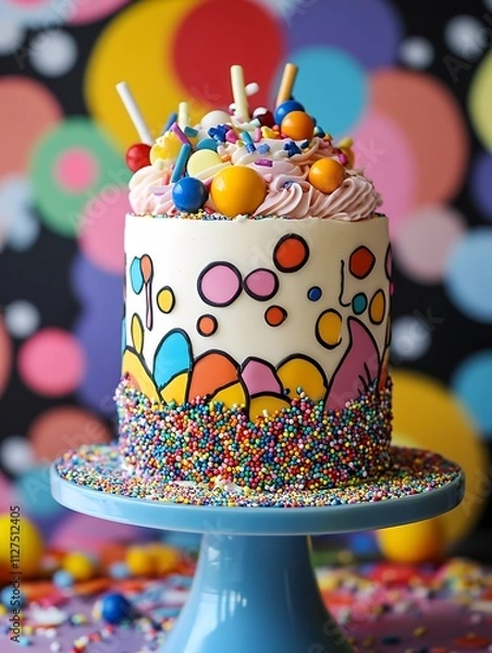 Fototapeta Brightly Decorated Cake With Colorful Sprinkles and Vibrant Frosting in a Festive Setting
