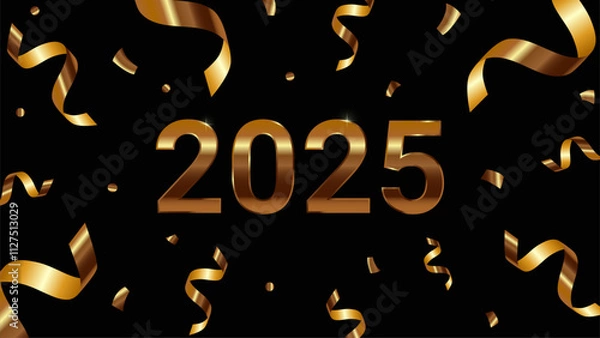 Fototapeta Banner with 3d realistic confetti from party poppers, flying gold ribbon, serpentine streamers on black background, fireworks for new year celebration with empty space. Golden 2025 Vector EPS10