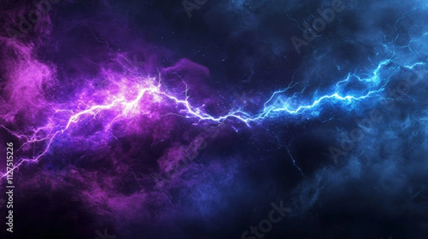 Fototapeta Frame from thunder lightning blue purple smoke on dark background. Natural energy border with thunderbolt light or electric energy sparkle. Realistic 3d vector storm flash power or magic wizard bg.