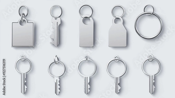 Fototapeta Silver keychain with ring mockup for branding. Realistic vector illustration set of blank grey metal key holder template. Chrome trinket souvenir badge of round rectangle and square shape.