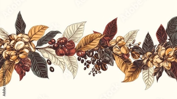 Fototapeta Stylized pattern of coffee plants, beans, and abstract line art leaves.

