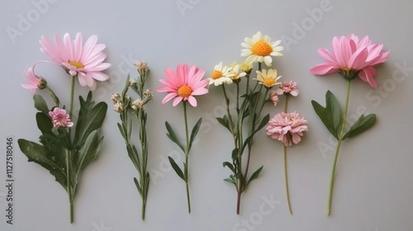 Fototapeta Daisy flowers evenly scattered on a simple, solid background.

