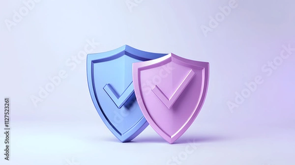 Fototapeta cartoon 3d Icon safety shield check mark perspective . Blue and purple symbol security safety icon. Checkmark in minimalistic style. 3d vector illustration. white background