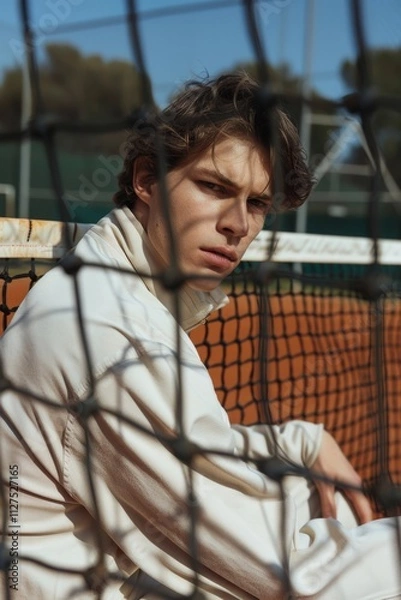 Fototapeta Chico joven posando en la red de una pista de tenis, chico atractivo en una cancha de tenis, close-up modelo tenista