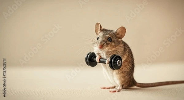 Fototapeta Cute mouse lifting a tiny dumbbell, showcasing strength and determination