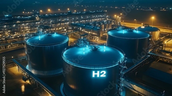 Obraz Large hydrogen storage tank illuminated with blue light in a futuristic industrial complex during nighttime