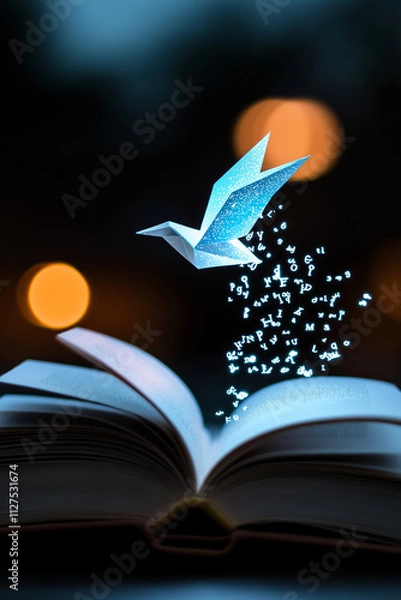 Fototapeta Open book with a magical origami bird flying out of it and transforming into letters and numbers, representing imagination, storytelling and knowledge.