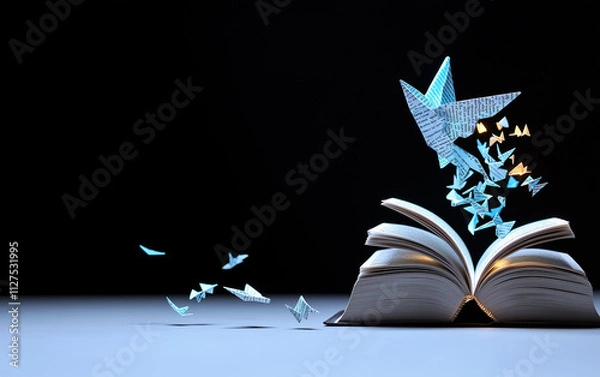 Obraz Flock of origami birds, crafted from text, rise from the pages of an open book into a dark background, symbolizing the journey of ideas brought to life through storytelling and knowledge.