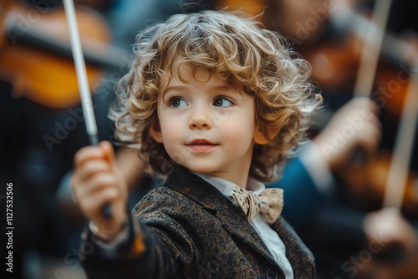 Fototapeta Young musician conducting an orchestra with a baton in a concert hall. Young maestro.