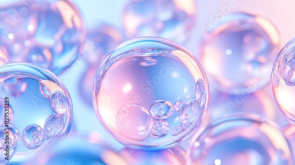 Fototapeta Shiny glass spheres, transparent crystal balls. Vector realistic set of 3d blue and pink clear orbs, glossy soap bubbles. Glossy translucent circles with reflections isolated on background